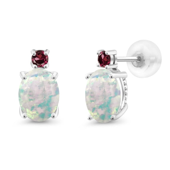 Gem Stone King 14k White Gold Simulated White Opal and Red Rhodolite Garnet Earrings for Women (2.28Cttw, GemstoneOctober Birthstone, Oval Cabochon 8X6MM, Round 2.5MM)