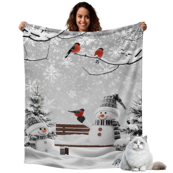 Throw Blanket for Couch, Vintage Winter Snowman Bird Soft Cozy Warm Flannel Blanket 30x40in, Christmas Tree Lightweight Fleece Throw Blankets for Sofa Bedroom Office All Season Use