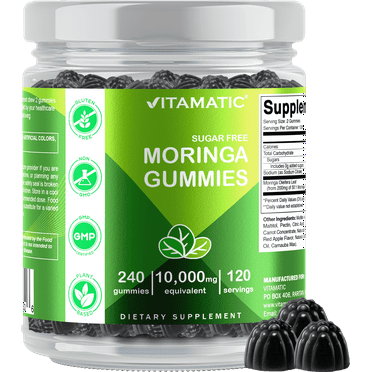 Vitamatic Sugar Free Moringa Gummies - 10000 mg Equivalent per Serving - Complete Green Superfood - 240 Pectin Based Gummies