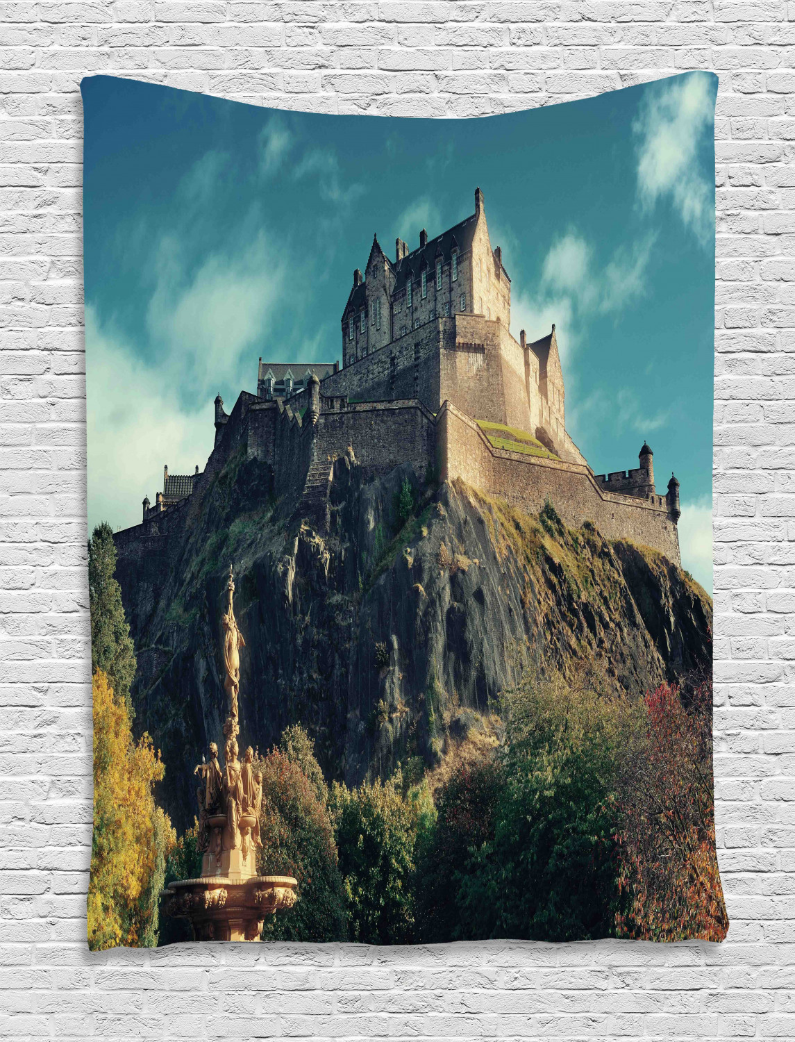 Edinburgh Tapestry, European Landmark Photo with Famous Castle on Rock Cliffs with Fountain UK