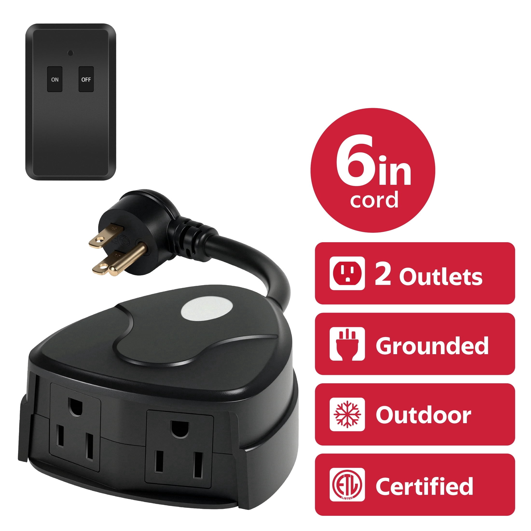 Indoor/Outdoor 2-Outlet Wireless Remote Control, Black, by Holiday Time