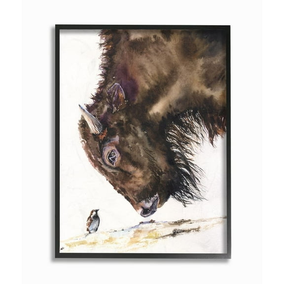 Stupell Industries Bird And Large Buffalo Animal Watercolor Painting Framed Giclee Texturized Art by George Dyachenko