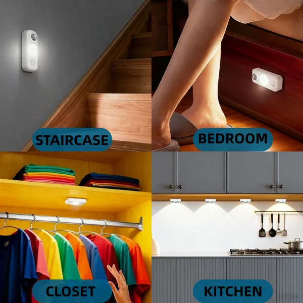 (Weiyi-EC)-4PCS LED Motion-sensing Bulb, Rechargeable Cabinet Light, Stick-on Wireless LED Night Light, Under Drawers, Shelves, And Cabinets, With USB Charging Cable, Equipped With Installation Tools