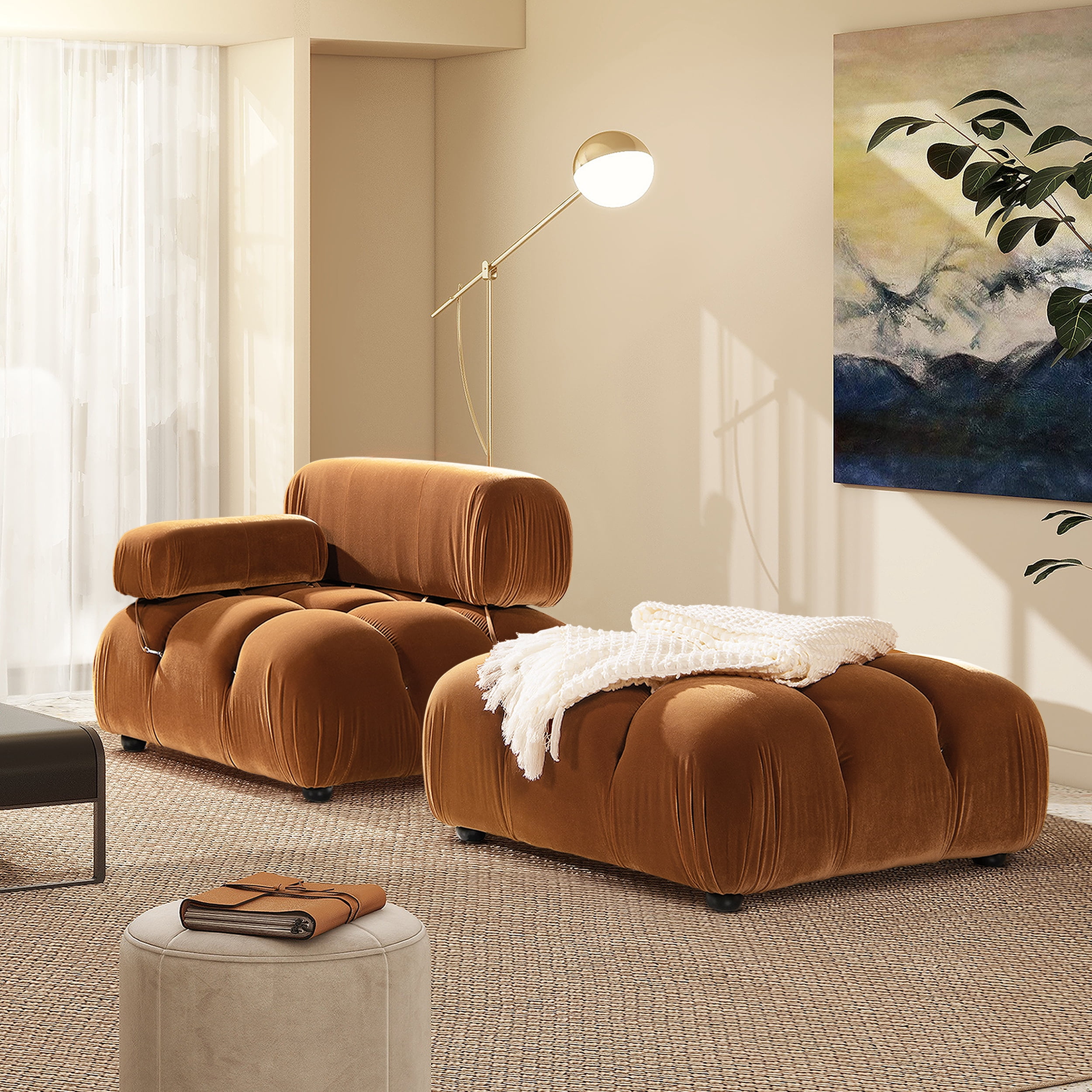Marcel 36" Bubble Modular Modern Cocktail Ottoman with Orange Performance Velvet