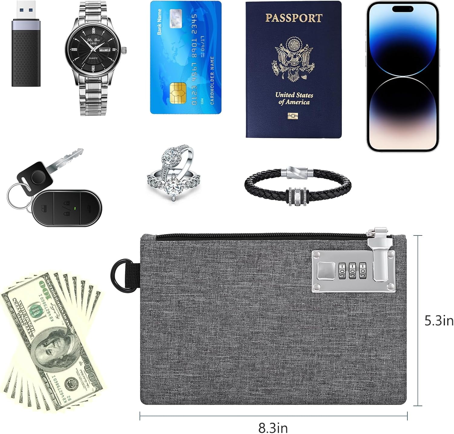 ABPETE Lockable Money Bag, 5.3 x 8.3 Inches Nylon Locking Coin Purse Bank Pouch, Cash Bag with Lock, Portable Travel Money Pouch, Jewelry, Passports, Medicine, Credit Cards - 1Pcs(Grey)