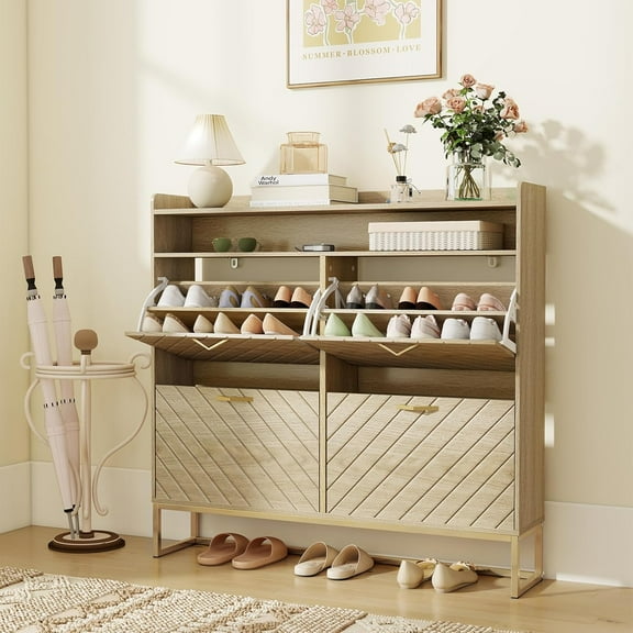 SIDUCAL Shoe Cabinet Storage for Entryway, Narrow Shoes Cabinet with 4 Flip Drawers, Shoe Organizer with Fluted Panel, Freestanding Wood Hidden Slim Shoe Cabinet for Hallway, Foyer (Natural Oak)