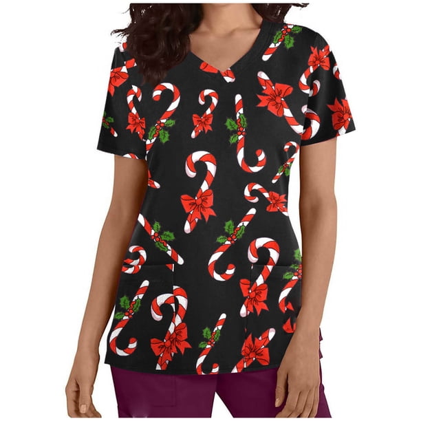 Tops Para Mujer Uniforme de Trabajo Tops Estampado de Navidad Manga Corta Cuello en V Blusa Con Bolsillos Odeerbi ODB181351