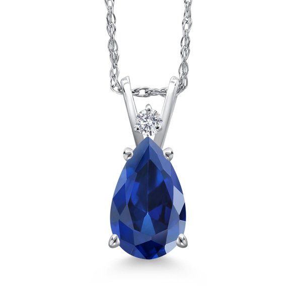 Gem Stone King 14K White Gold Blue Created Sapphire and Lab Grown Diamond Pendant Necklace for Women | 2.14 Cttw | Gemstone September Birthstone | Pear Shape 10X7MM | With 18 inch Chain