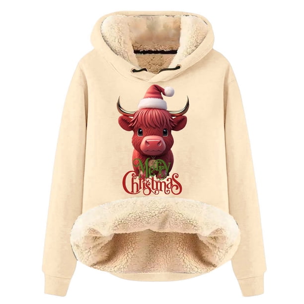WILLBEST Sudadera con Capucha para Mujer, Estampado Navideño de Vaca, Cálida X-Grande