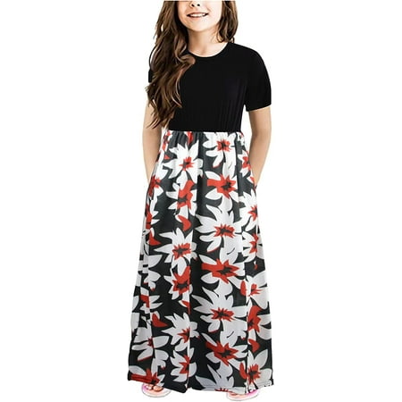 

YOUI-GIFTS Girl s Summer Short Long Sleeve Stripe Floral Printed Holiday Dress Maxi Dresses with Pocket Size 3-16T