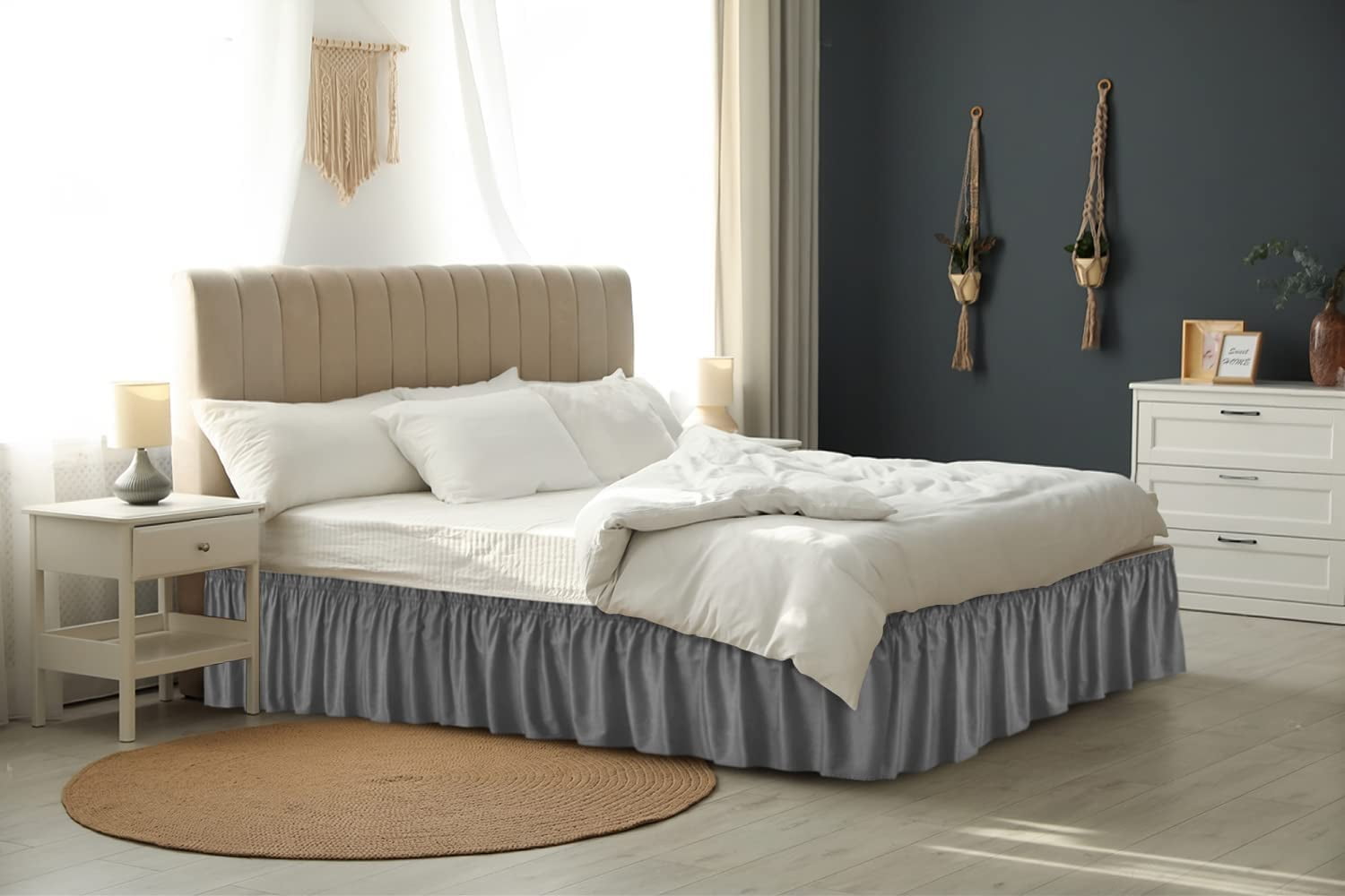 CGK Linens Wrap Around Dust Ruffle Bed Skirt - For Queen Size Bed With 12 Inch Drop, Easy Fit Elastic Strap - Pleated Bedskirt, Gray