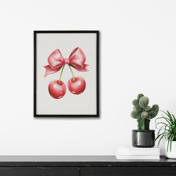 Kate and Laurel Coquette Preppy Retro Girly Red Pink Bow Cherries Framed Wall Art by The Creative Bunch Studio, 12x16 Black, Cute Hair Bow Art for Wall