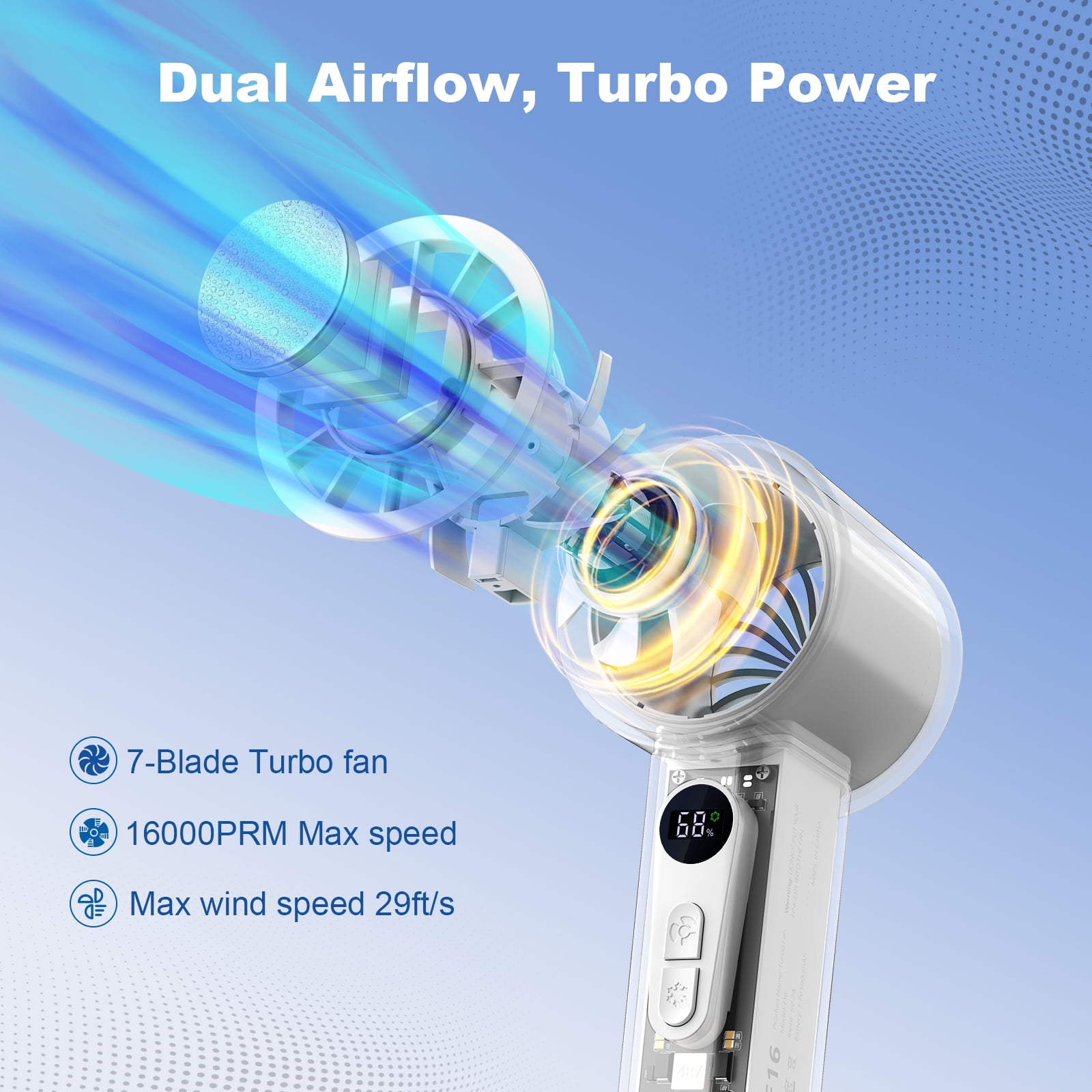 Handheld Turbo Fan with Ice Cooler, Transparent Design, Dual Airflow, 5000mAh Rechargeable Battery, 6-Speed