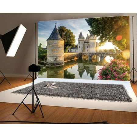 MOHome Polyster 7x5ft Castle Backdrop Chateau of Sully-Sur-Loire in Sunlight with Lens Flare France Flowers River Travel Photography Background Kids Adults Photo Studio (Best Camera And Lens For Portrait Photography)