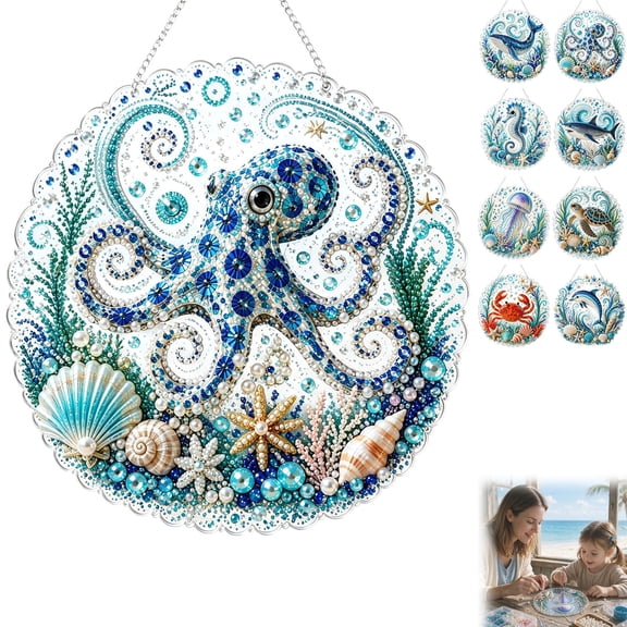 PLPPYFS 7.87'' Sea DIY 3D Beaded Kit, Sea Diamond Art Suncatchers, DIY Pearl Diamond Art Kits, Hanging Ornament Pearl Art Kits for Adults, Coastal Window Hanging Decor Gift for Craft Lovers