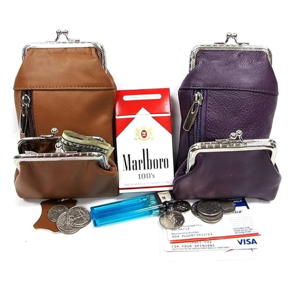 2pc Two Color Set Lady's Genuine Leather Cigarette Stash Case  Coin Purse -  Lt. BROWN