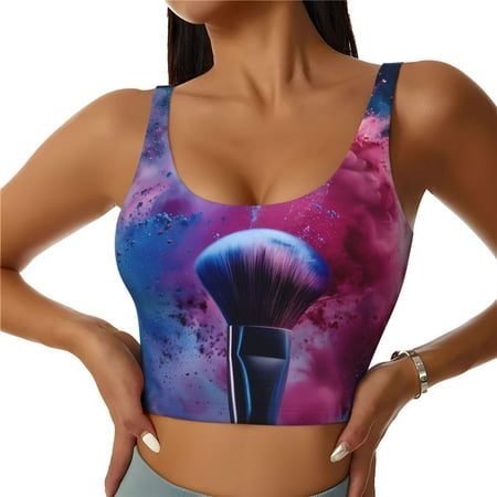 Adobk Color Explosion Makeup Brush Print Sports Bras for Women Longline Workout Crop Tank Tops Padded with Built in Shelf Padded Sports Bra-X-Large