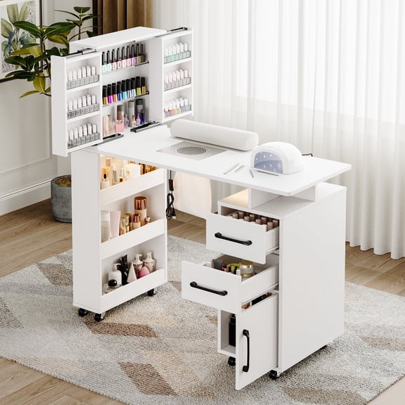 Advwin Professional Manicure Table with Extendable Nail Polish Cabinet, Dust Collector, LED Light & Wrist Rest, Rolling Nail Desk for Nail Tech, Beauty Nail Station for Home & Salon, White