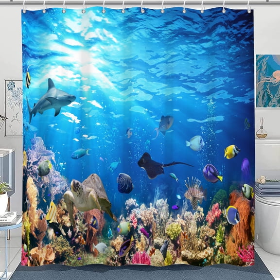 Pbobriich Fish Shower Curtains for Bathroom Ocean Underwater World Sea Nautical Bath Curtain with Hooks,72x72 Inch
