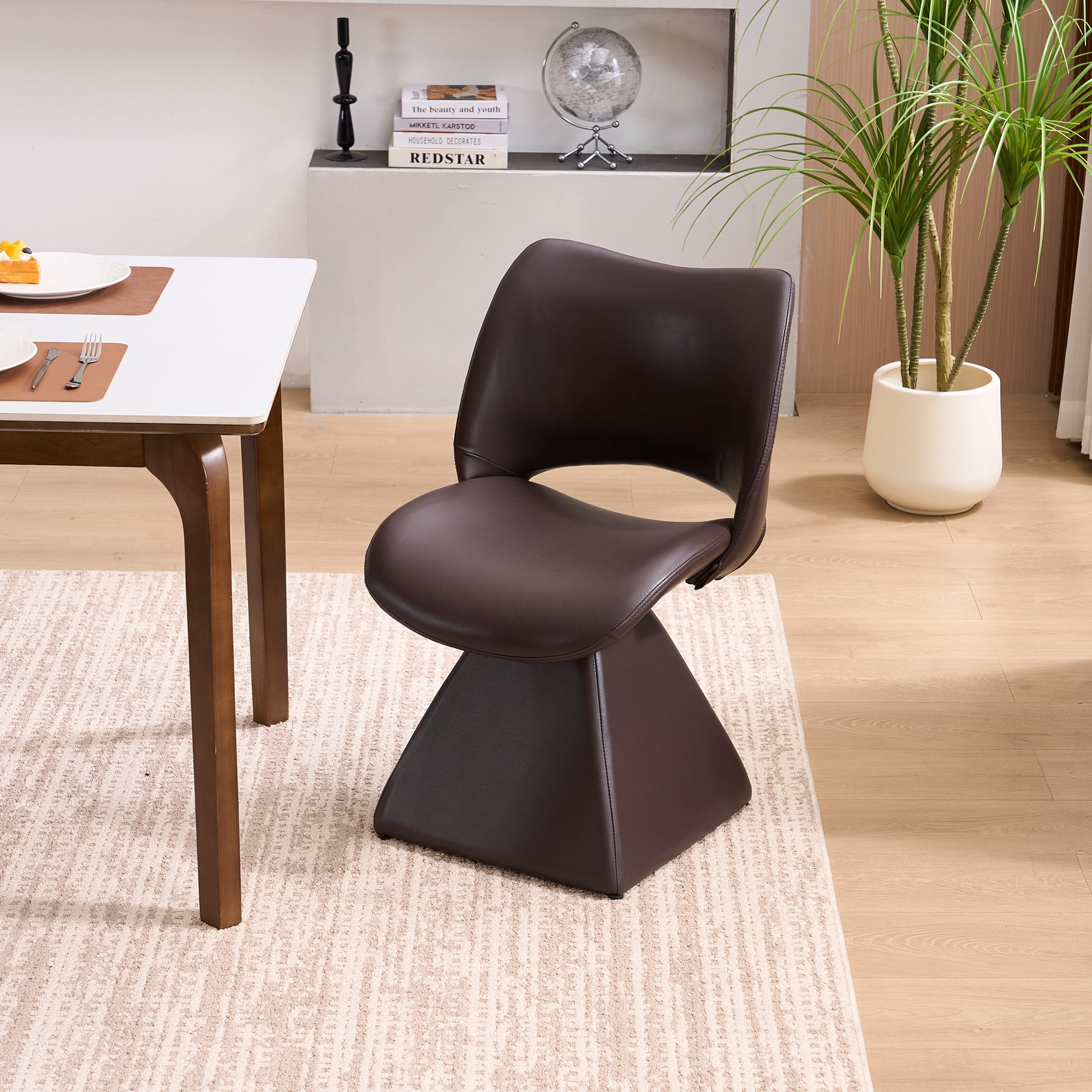 HOQBN Modern Swivel Dining Chair with Faux Leather, 360-Degree Upholstery Dining Chair with High Curved Back for Kitchen, Dining Room,Dark Brown