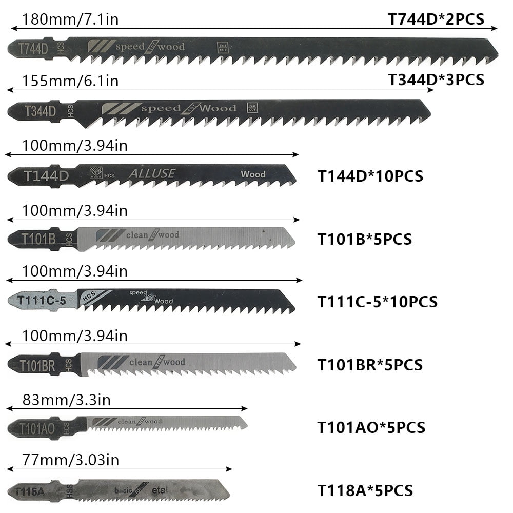 45pcs Universal Jig Saw Blade Set HCS High Carbon Steel Assorted Blades Fast Cut Down Jig Saw Knife Wood Plastic Metal Jig Saw Cutter Accessories Kit Compatible with BOSCH Makita Black & Decker SKIL