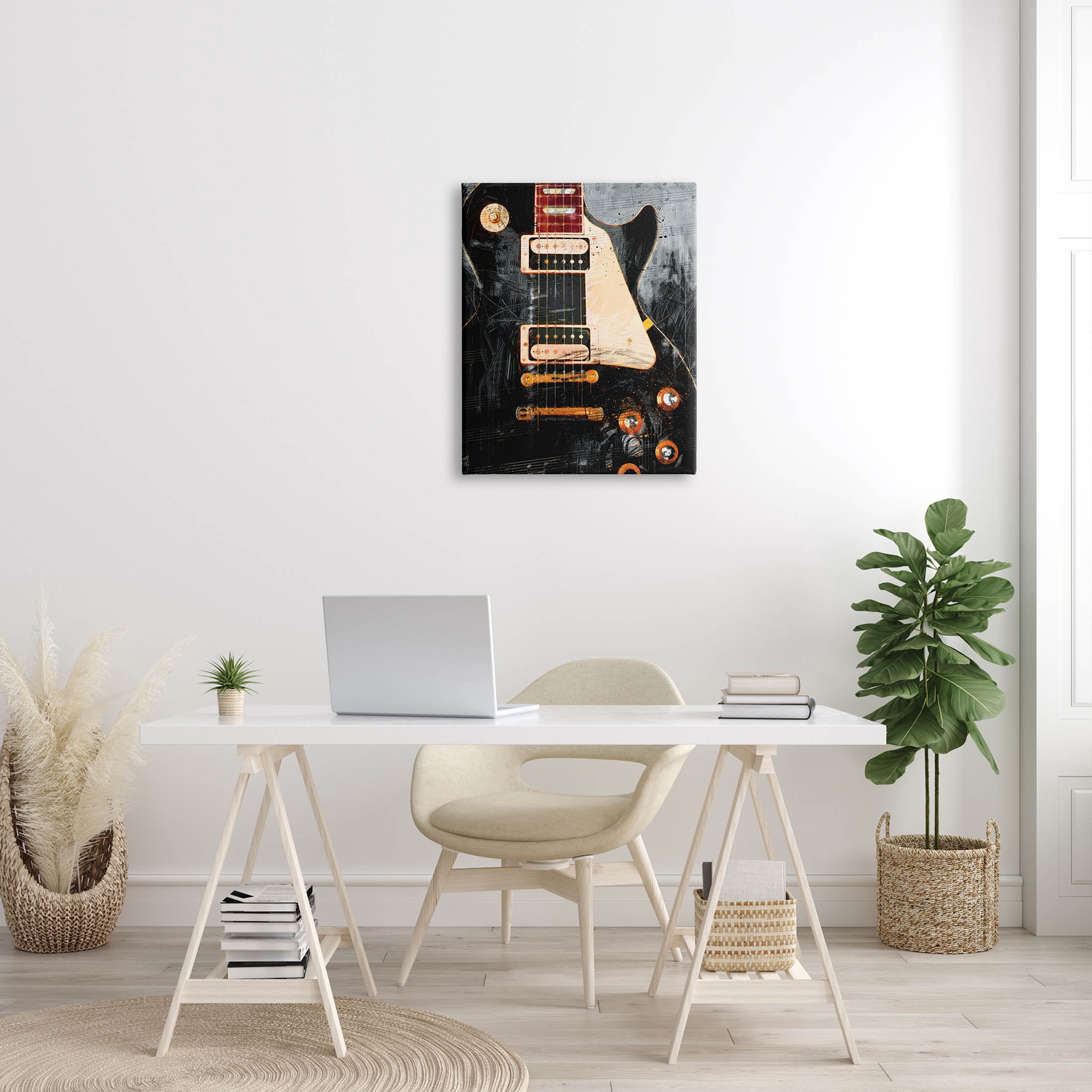 Vintage Electric Guitar Music Notes Vintage Graphic Art Gallery Wrapped Canvas Print Wall Art