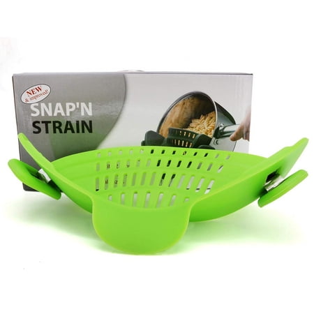 Snap'n Strain Silicone Clip On Food Strainer Spout Tool Drainer For Spaghetti, Pasta, Ground Beef - Universal Fit On All Pots and Bowls, Flexible and Small For Space Saving -