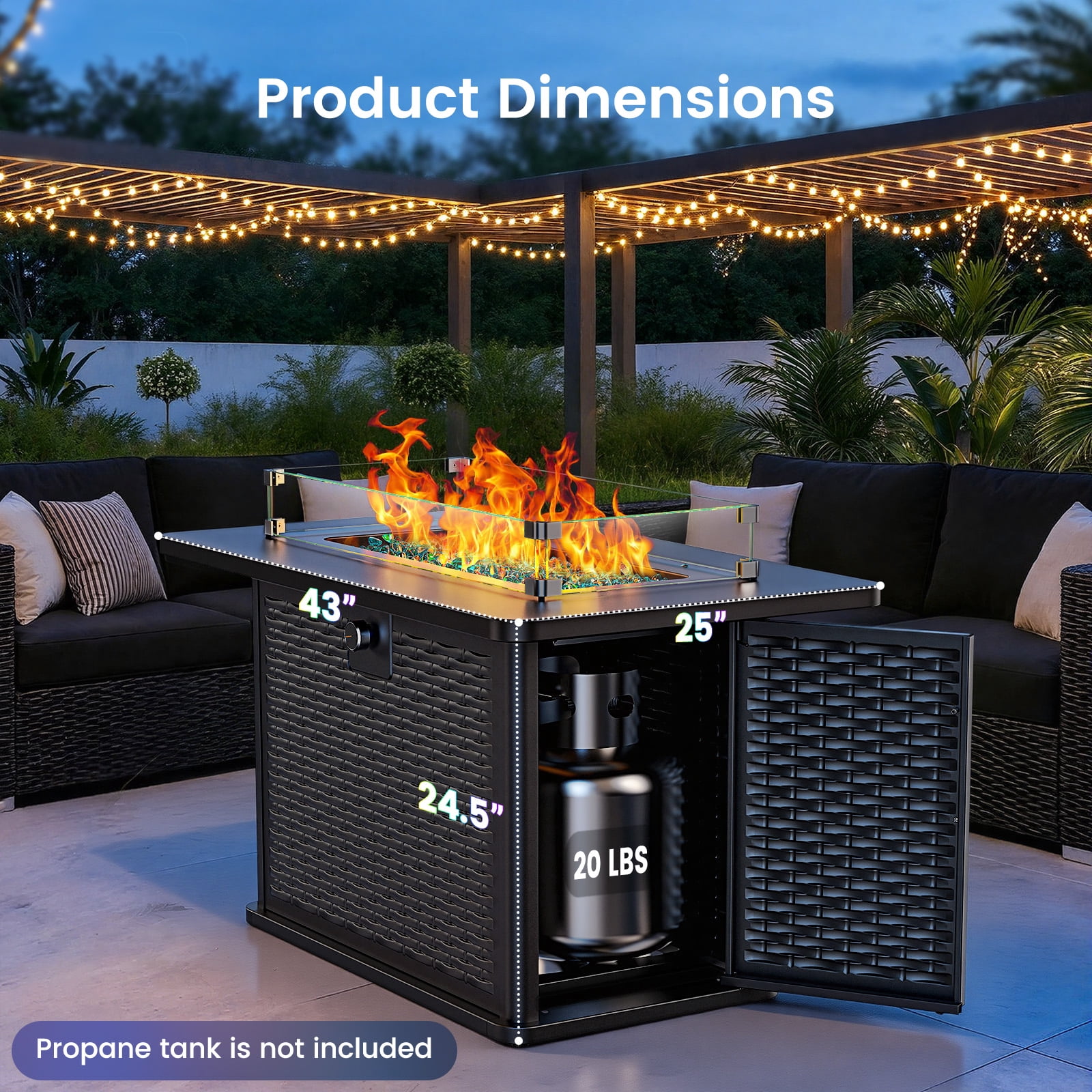Philergo 43" Propane Fire Pits with RGB Strip, 60,000 BTU Rectangular Gas Fire Pit Table with Glass Beads, Wind Guard and Waterproof Cover for Outside, Patio, APP or Remote Control