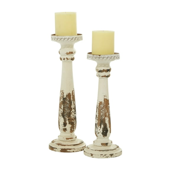 DecMode 2 Candle Brown Wood Distressed Pillar Candle Holder, Set of 2