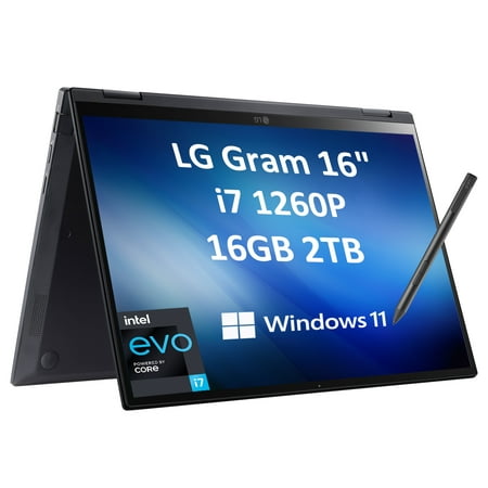 LG Gram 16" WQXGA 2-in-1 Touchscreen (Intel 12th Gen 12-Core i7-1260P, 16GB LPDDR5 RAM, 2TB SSD, Stylus), (2560 x 1600) Business Laptop, UHD Graphics, Thunderbolt 4, Windows 11 Home