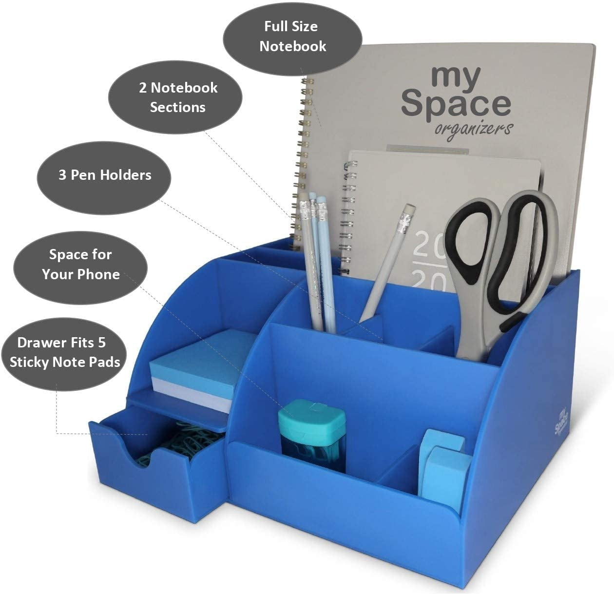 My Space Organizers 9-Compartment Desktop Organizer & Pencil Holder with Accessories, Blue