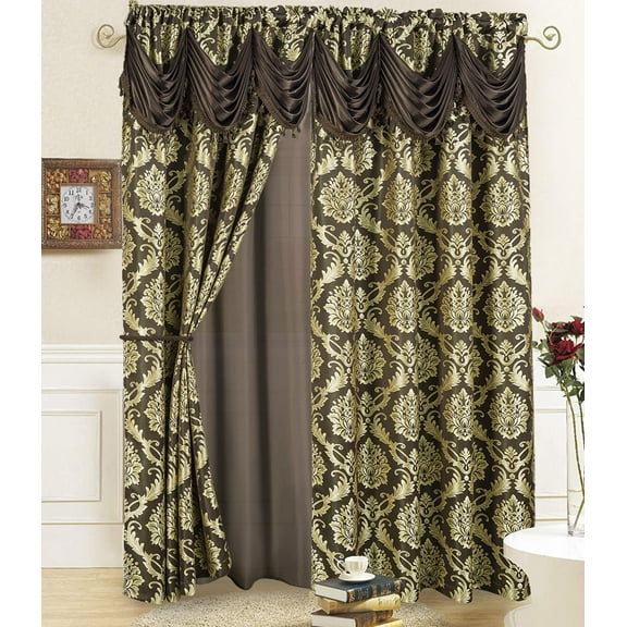 Jacquard Window Curtains For Living Room 2 panel set 54" x 84" Long with Attached Valance Sheer Backing and 2 Tie backs Elegant Fancy Design Perfect For Living Room and Bedroom (Chocolate)
