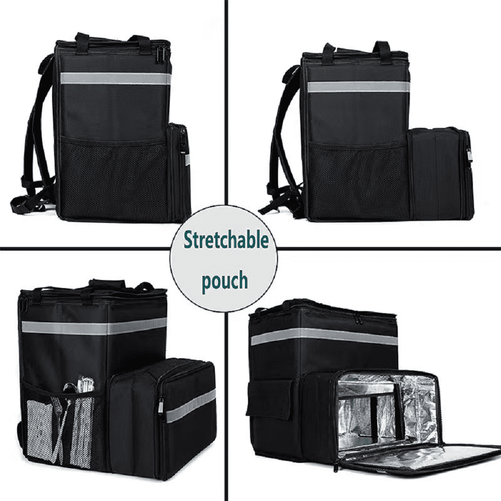 Food Delivery Backpack, Expandable Insulated Hot Pizza Bags for Delivery Bike, Large Leakproof Waterproof Delivery Bag with 4 Mesh Pockets Reflective Strip Applicable for Uber Eat, Camping & Beach
