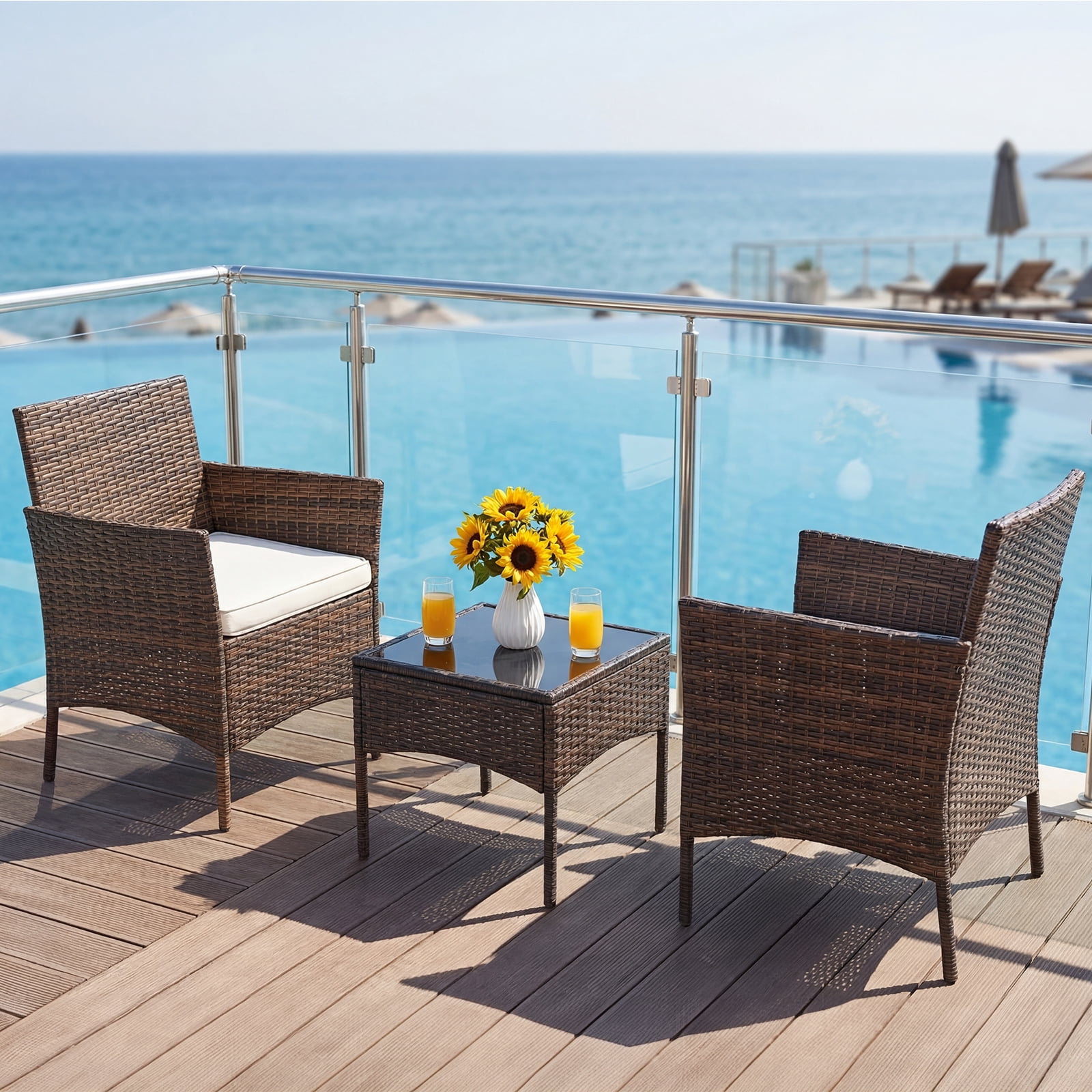 SHOUFTW 3-Piece Patio Furniture Set, Wicker Outdoor PE Rattan Furniture with Coffee Table & Washable Cushion, Compact Bistro Conversation Seating for Balcony, Garden, Poolside, Porch, Brown
