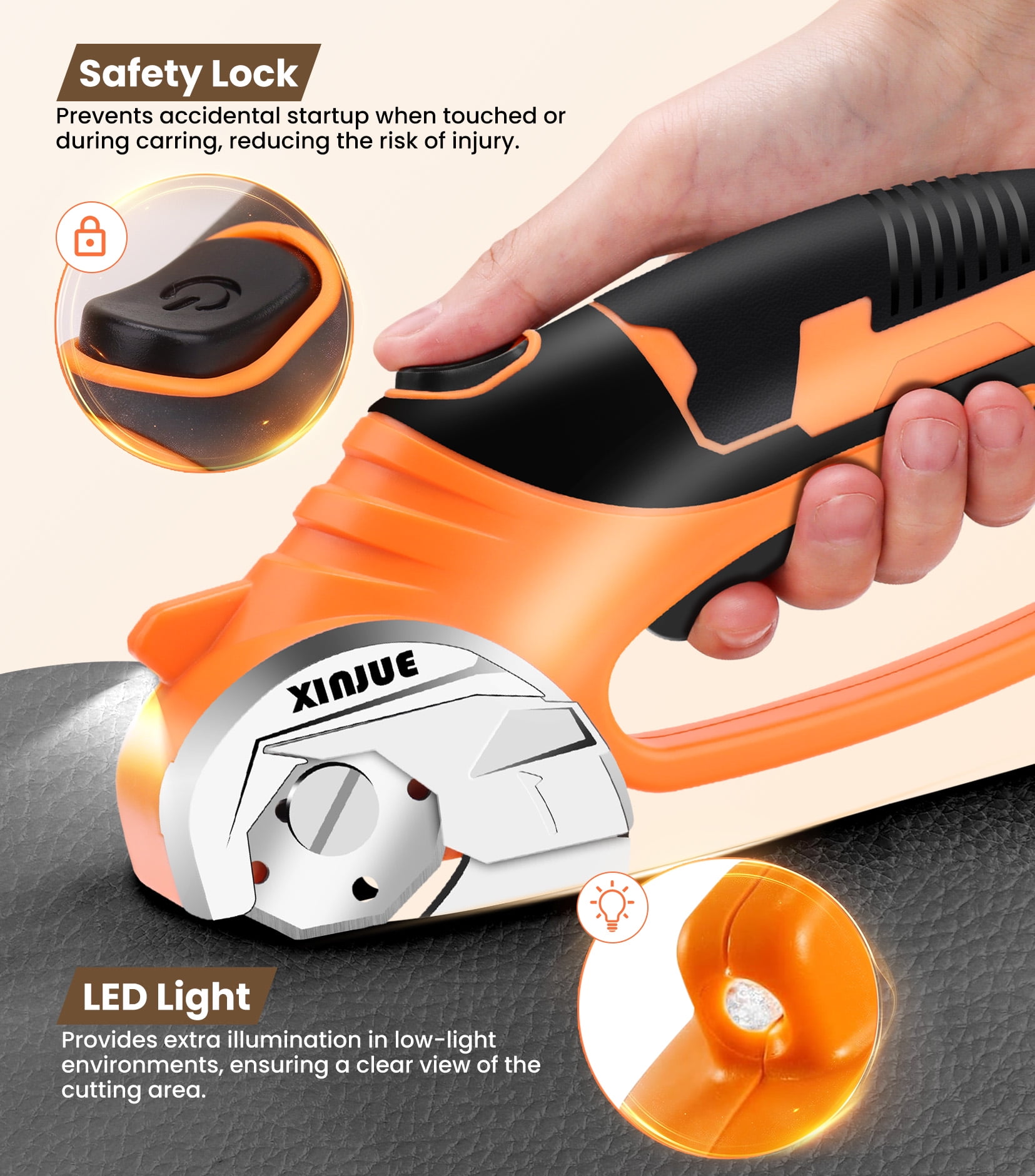Cordless Electric Scissors, Cardboard Box Cutter Heavy Duty,  4V Rechargeable Power Rotary Cutter with Safety Lock & LED Light for Fabric, Carpet, Paper or Leather, Orange