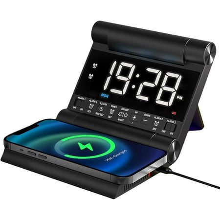 Alarm Clock with Wireless Charging for bedrooms, Heavy Sleepers, Travel, Teens, Digital Smart Desk Clock, Dual Alarms, 4 Level Brightness, Foldable Design,Build-in Battery