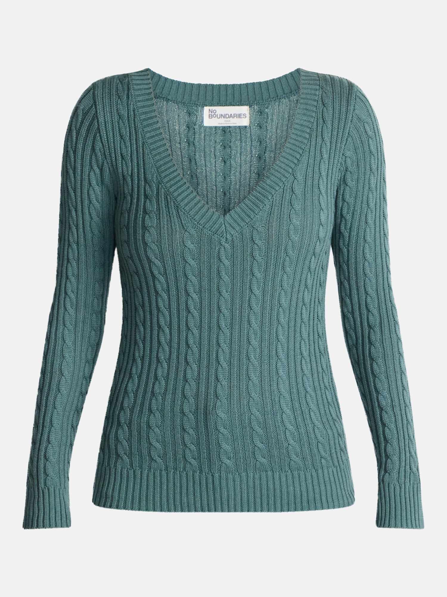 No Boundaries V Neck Cable Sweater, Women's and Women's Plus XXS-4X