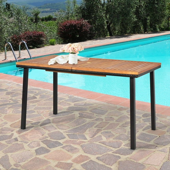 Costway 55'' Patio Rattan Dining Table Acacia Wood Table Top Umbrella Hole