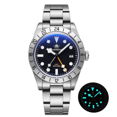 ADDIESDIVE Men's GMT Watch, 200M Waterproof Swiss Quartz Movement, 39mm BGW9 Super Luminous Stainless Steel Dual Time Travel Diver Watch, AD2035