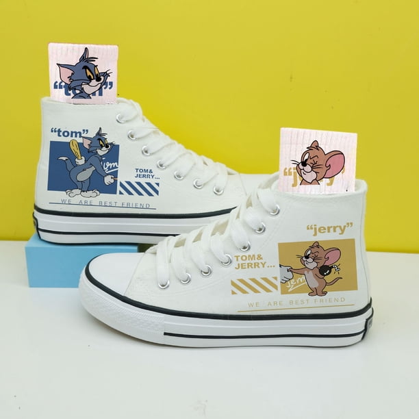 Primavera y otoño Nuevos zapatos de lona de caña alta para hombres de marca compartida Tom y Jerry Zapatos de pareja de estudiantes versátiles de moda de estilo coreano para mujeres ins
