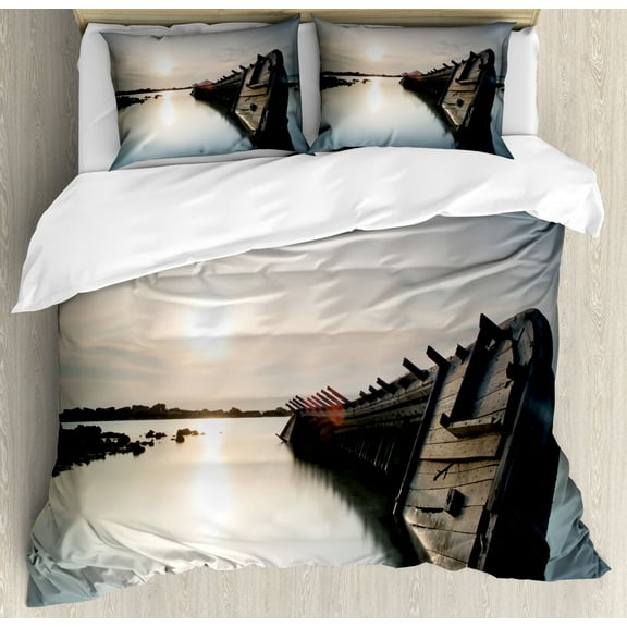Ocean Decor Queen Size Duvet Cover Set, Big Sinking Rustic Boat Crash in the Lake Landscape with Horizon on Back, Decorative 3 Piece Bedding Set with 2 Pillow Shams, Light Blue Brown, by Ambesonne