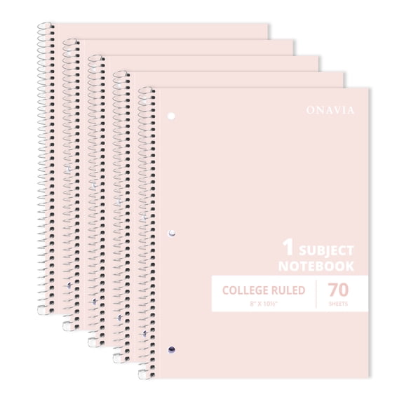 ONAVIA Spiral Notebook, College Ruled, 1 Subject Notebook Bulk, 5 Pack, 8" x 10.5", Durable Cardboard Back with 3 Hole Punched Paper for Classroom and Office, 70 Sheets, Pink