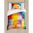 thumbnail image 3 of Astrology Duvet Cover Set King Size, Ombre Rainbow Colored Abstract Image with Asrological Sun Shapes Spots Symbols, Decorative 3 Piece Bedding Set with 2 Pillow Shams, Multicolor, by Ambesonne, 3 of 3