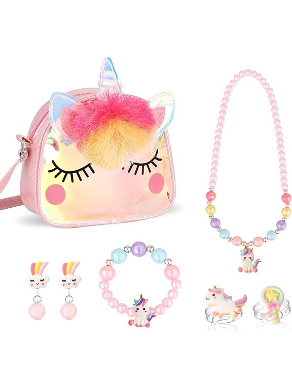 Unicorn Crossbody Bag Purse with Jewelry Set Little Girls, Unicorn Princess Necklace Bracelet Rings Earrings Handbag Accessories, Jewelry Party Favors Gift Dress Up