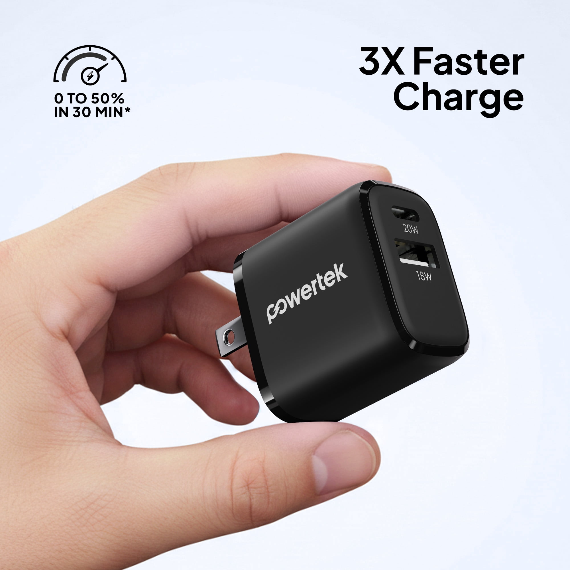 Powertek 20W USB-C PD + USB-A Dual Port Wall Charger, Carbon Design, Black