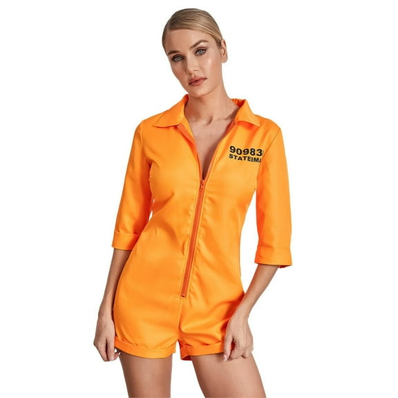 Women's Halloween Zipper Jumpsuit Short Romper Prisoner Plus Size Outfit Role Play Party Dress