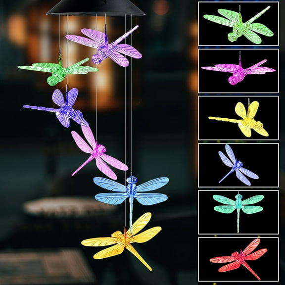 Solar Dragonfly Wind Chimes, Outdoor Color Changing Solar Wind Chimes Birthday Gifts for Mom Patio Yard Garden Home