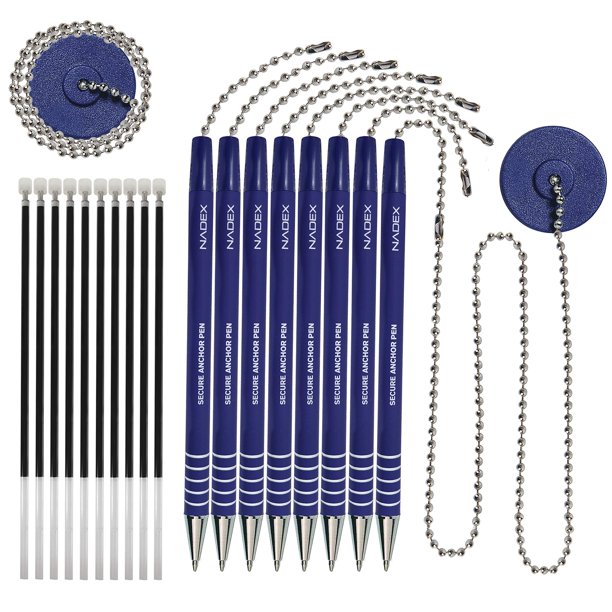 Set de bolígrafos con cadena de bolas Nadex, 8 bolígrafos azules y 10 recambios