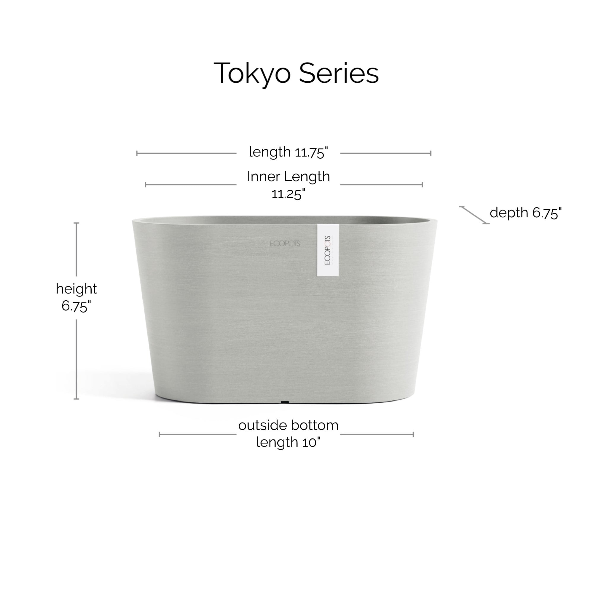Ecopots 12" x 6.5" x 6.5" Oval White Grey Plastic Planter Flower Pot with UV Resistance