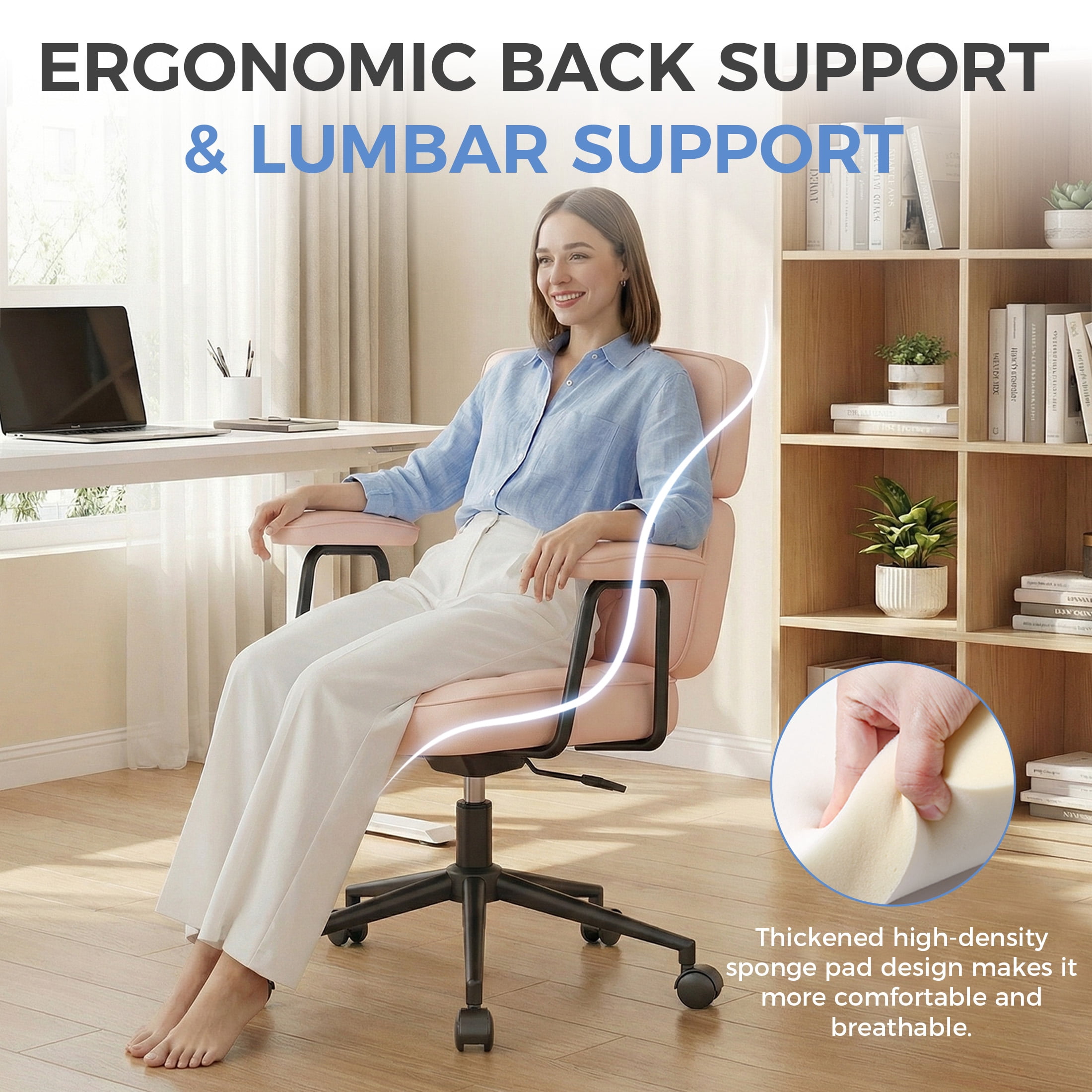 CONCETTA Ergonomic Office Chair, Soft PU Leather Adjustable Task Chair with Lumbar Support and 360° Swivel,Pink
